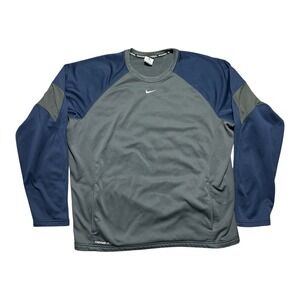 Nike Men's Basketball Thermafit Navy Gray Long Sleeve Fleece Lined Center Swoosh